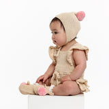 ARLO 'Pima Cotton' Baby Booties - Linen with Petal Pink Pom