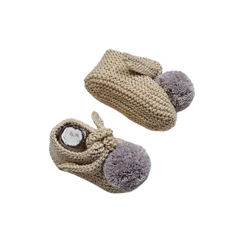 ARLO 'Pima Cotton' Baby Booties - Linen with Dove Pom