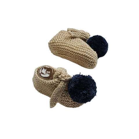 ARLO 'Pima Cotton' Baby Booties - Linen with Indigo Blue Pom