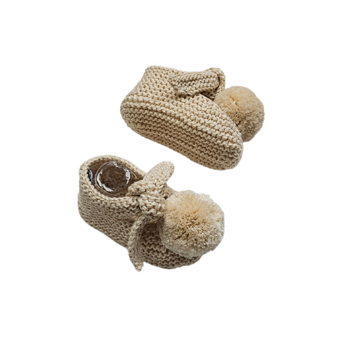 ARLO 'Pima Cotton' Baby Booties - Linen with Linen Pom