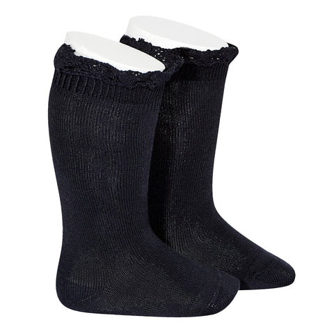 CONDOR SOCKS - Ruffle Lace Edging Knee-High in MIDNIGHT BLUE (480)