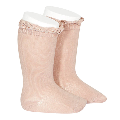 CONDOR SOCKS - Ruffle Lace Edging Knee-High in DUSTY BLUSH (544)