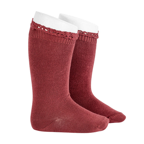 CONDOR SOCKS - Ruffle Lace Edging Knee-High in MARSALA (599)