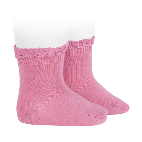 CONDOR SOCKS - Ruffle Lace Edging Short Socks in MUSK PINK (670)(TWO SIZES LEFT)