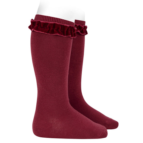 CONDOR SOCKS - Velvet Ruffle Cuff Knee-High in GARNET (575)