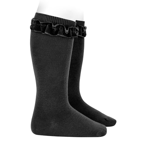 CONDOR SOCKS - Velvet Ruffle Cuff Knee-High in EBONY (900)