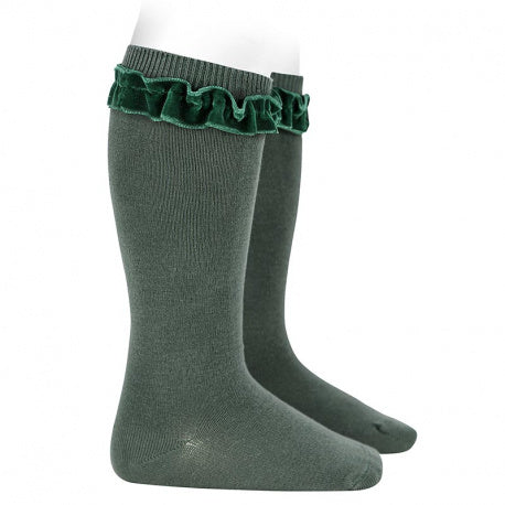 CONDOR SOCKS - Velvet Ruffle Cuff Knee-High in PINE (795)
