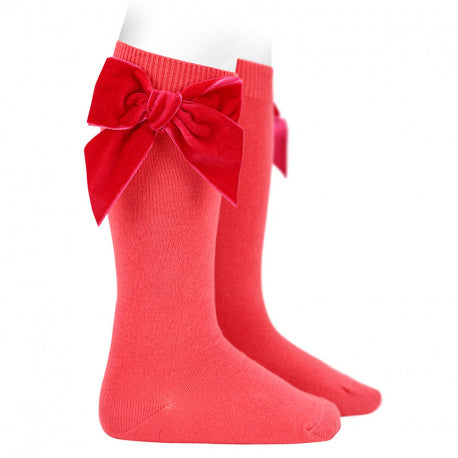 CONDOR SOCKS - Velvet Bow Knee-High in CORAL (589)