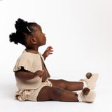 ARLO 'Pima Cotton' Baby Booties - Linen with Praline Pom