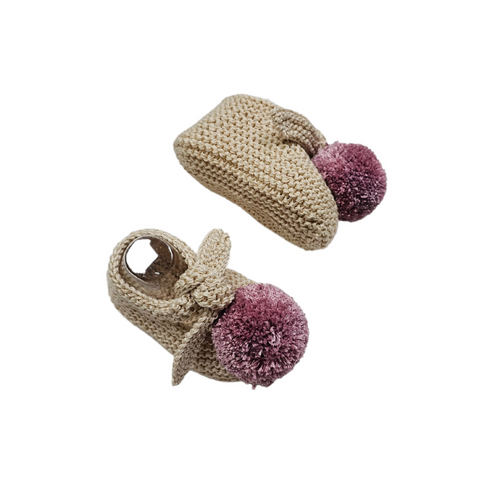 ARLO 'Pima Cotton' Baby Booties - Linen with Orchid Pom