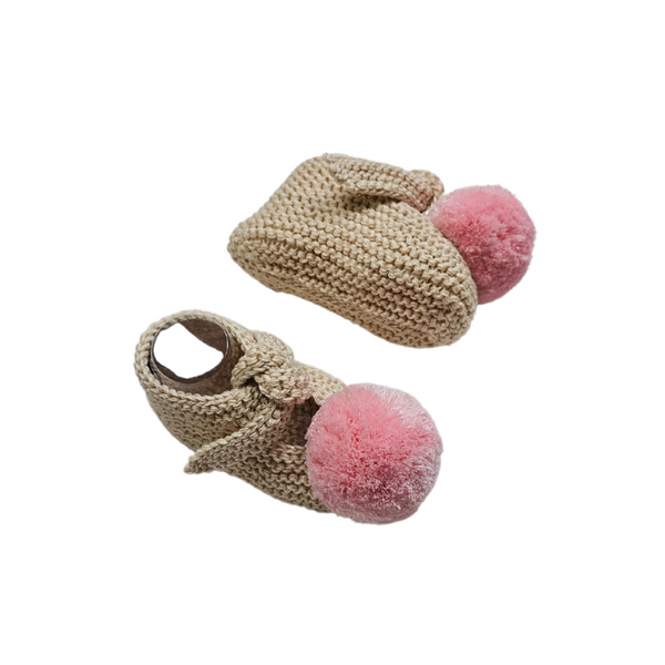 ARLO 'Pima Cotton' Baby Booties - Linen with Petal Pink Pom