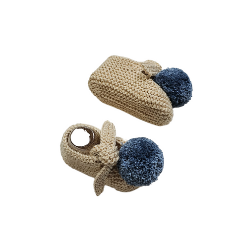ARLO 'Pima Cotton' Baby Booties - Linen with Steel Blue Pom