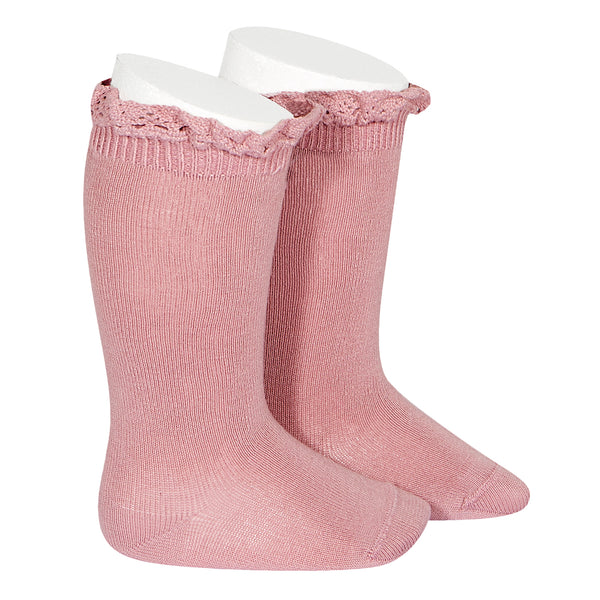 CONDOR SOCKS - Ruffle Lace Edging Knee-High in MUSK PINK (670) (previously BLUSH PINK)