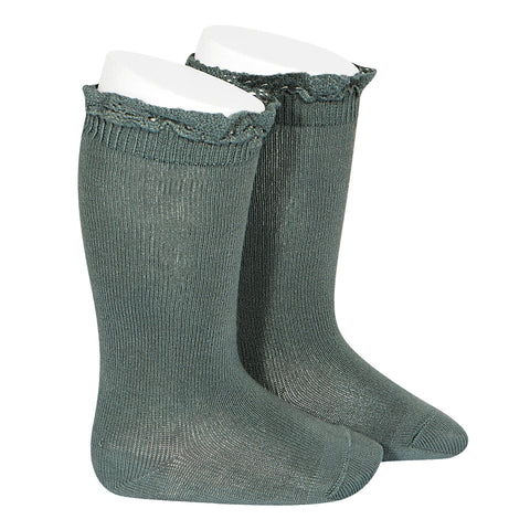 CONDOR SOCKS - Ruffle Lace Edging Knee-High in FOREST (761)
