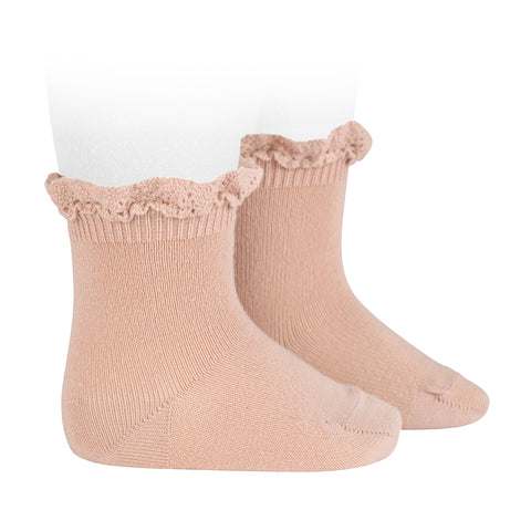 CONDOR SOCKS - Ruffle Lace Edging Short Socks in DUSTY BLUSH (544)