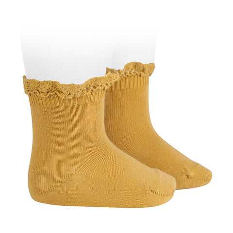 CONDOR SOCKS - Ruffle Lace Edging Short Socks in MOSTAZA (629)