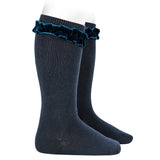 CONDOR SOCKS - Velvet Ruffle Cuff Knee-High in MIDNIGHT BLUE (480)